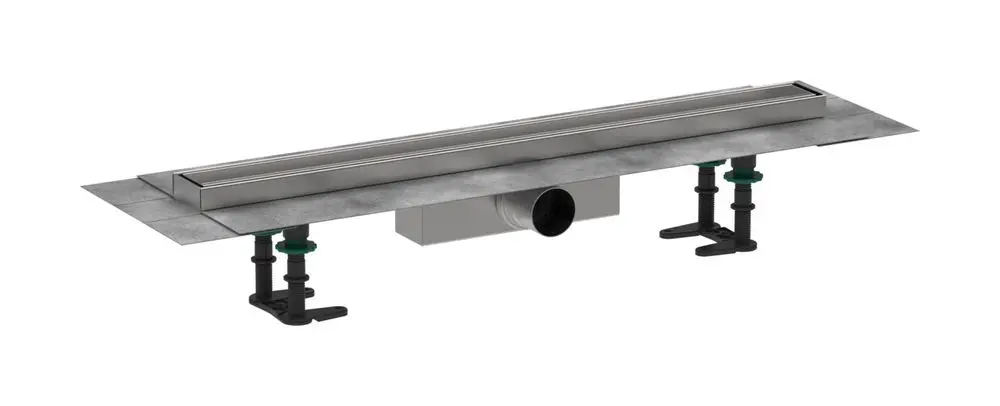 Duschrinne von Hansgrohe mit schlanker, befliesbarer Oberfläche, fixiert auf einer Unterkonstruktion, bereit für die Standardinstallation.